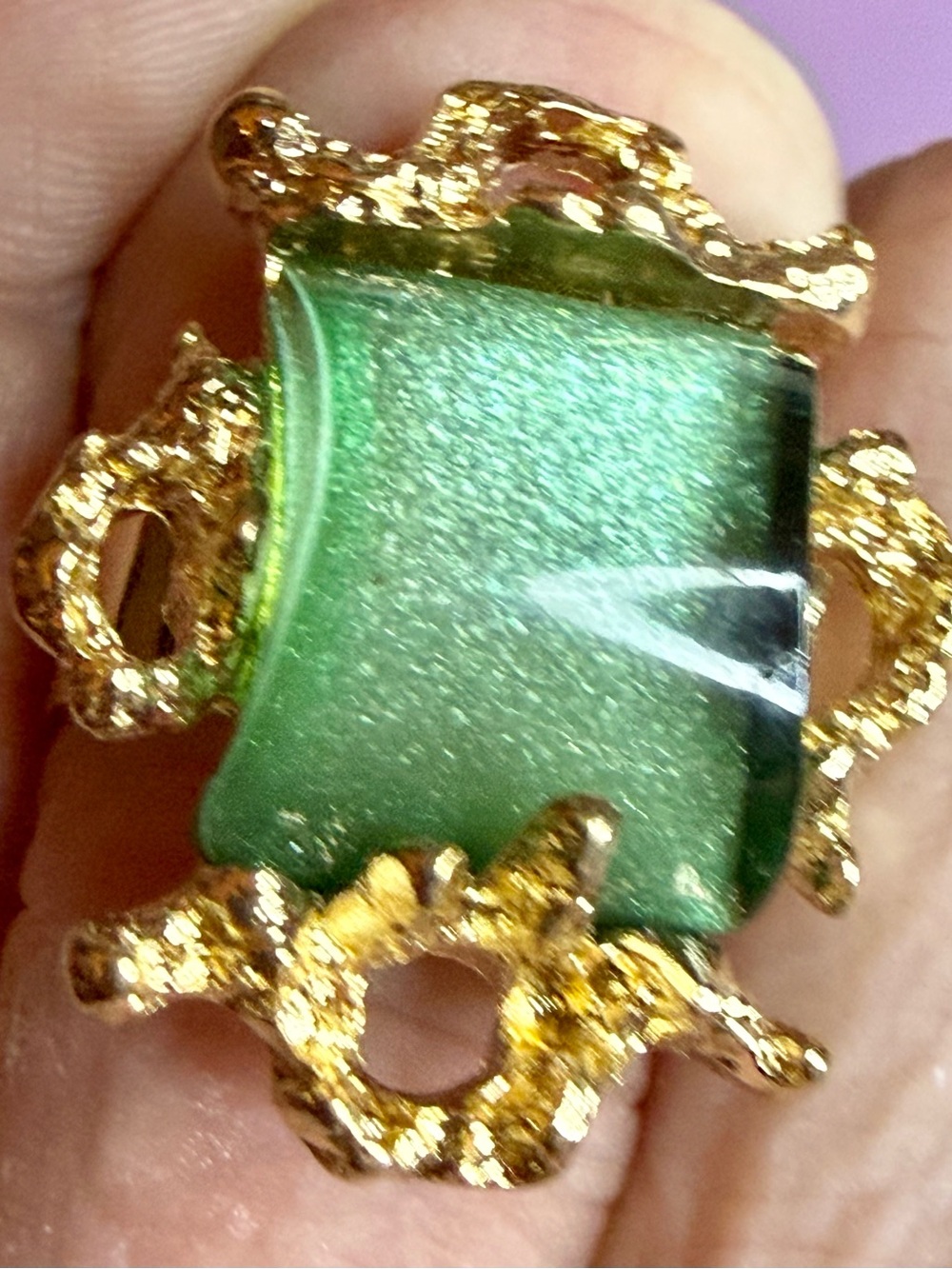Gold-Plated Green Statement Ring - Elegant Square Cabochon Size 7.5